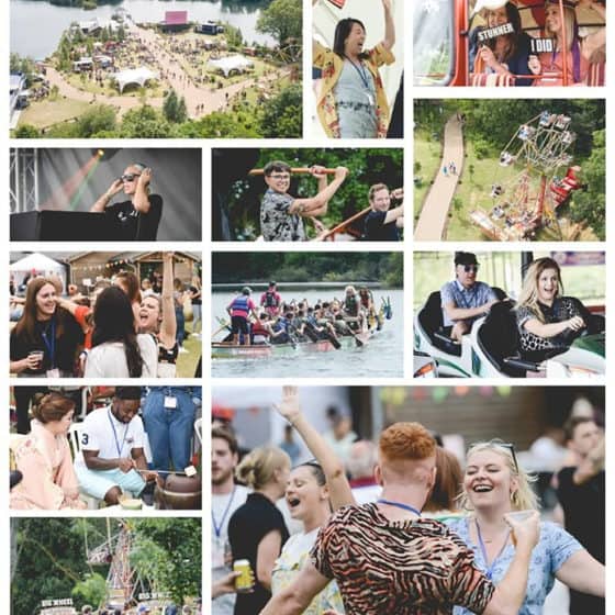 Outdoor festival with music, rides, and boating activities.