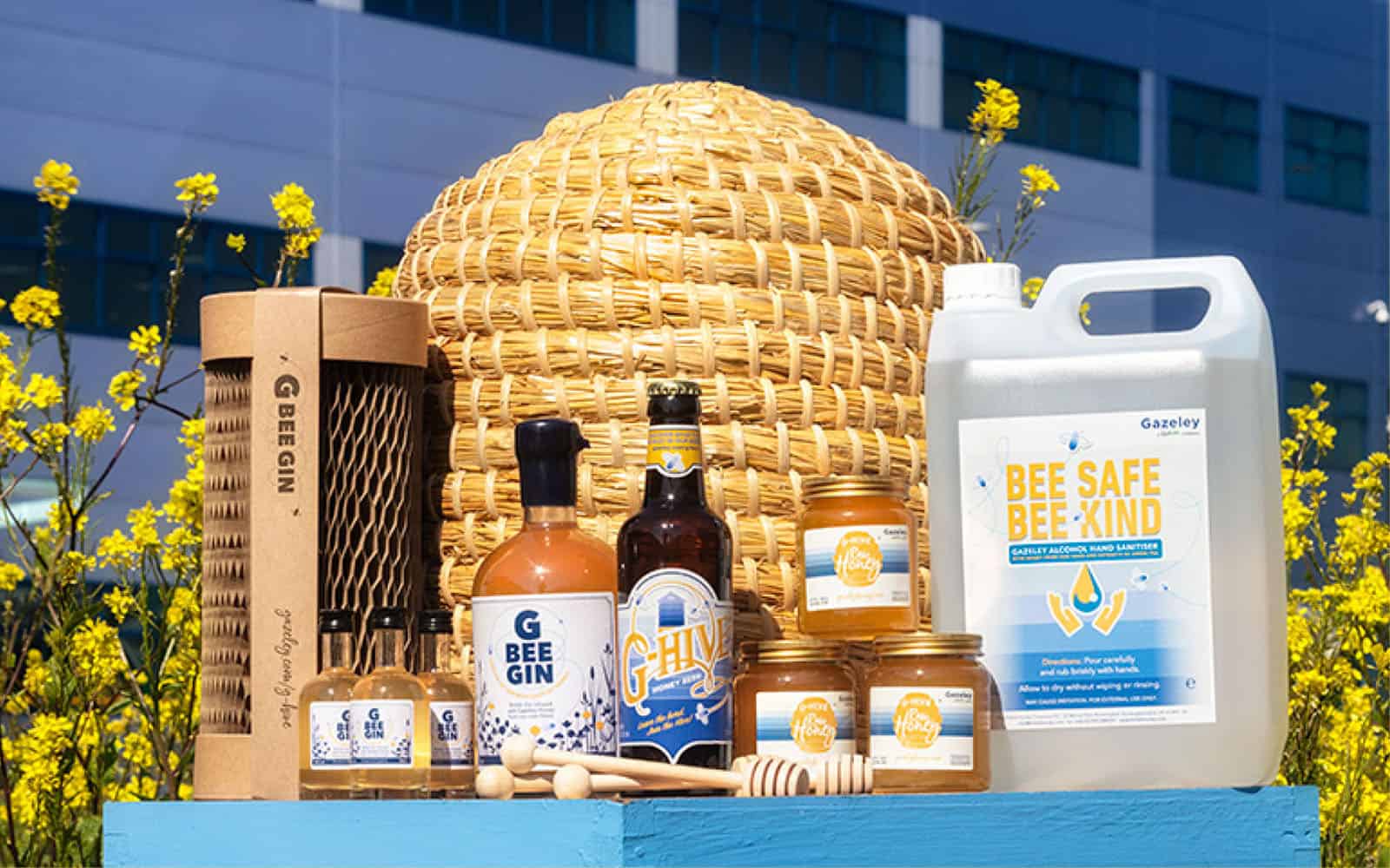 Bee-themed products displayed outdoors.