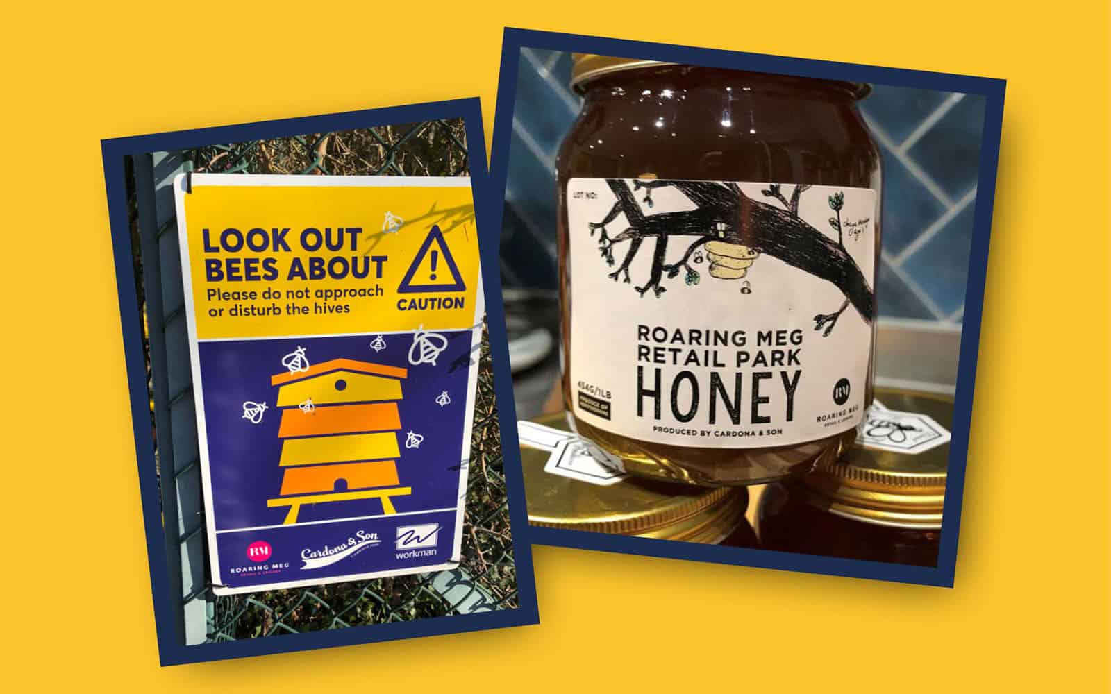 Bee warning sign, honey jar label.